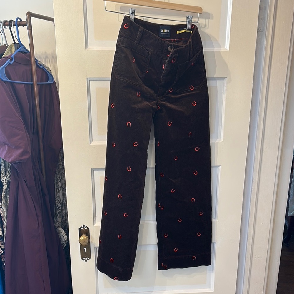 Brown Corduroy Pants with Red Embroidered Horseshoes